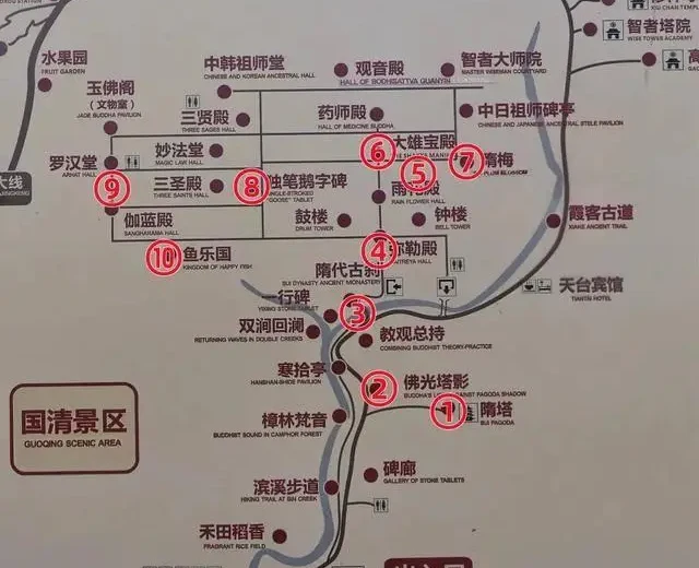 国清景区导览图：寺院殿宇分布与游览动线，标有隋塔、弥勒殿、大雄宝殿、鱼乐国等
